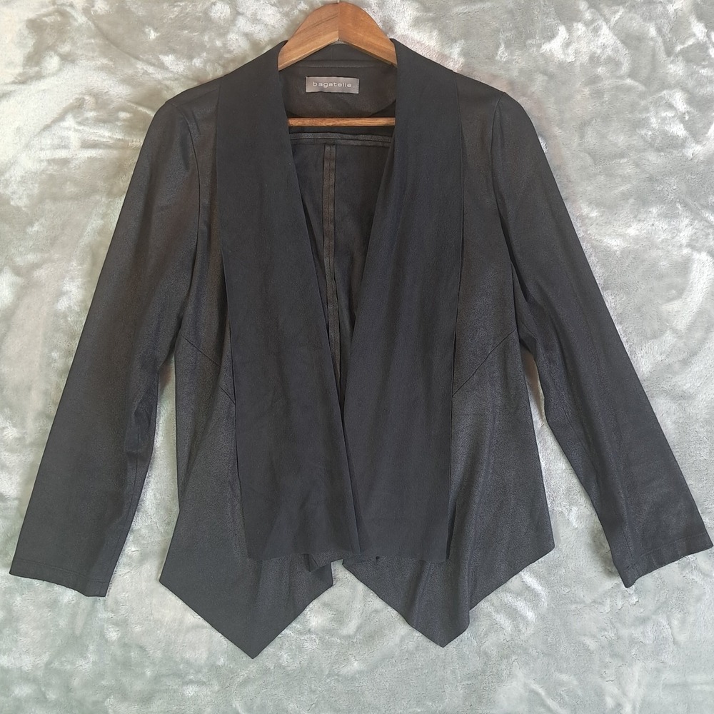 Bagatelle Womens Drape Front Blazer Jacket Large Black Textured Open Mixed Media